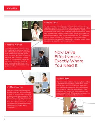 avaya.com




                                          >   Power user
                                          For any employee with a laptop, the Power User solution takes
                                          mobility to another level. With Power User, they can control office
                                          communications using an IP phone, mobile phone or laptop;
                                          conduct personal video calls; have calls ring simultaneously on all
                                          their devices; get automatically notified of important voice mails
                                          and e-mails (viewing them in the same inbox); set up conference
                                          calls on the fly—with up to 64 participants. It’s the ultimate in
                                          communications accessibility, designed to help your people be as
                                          productive as possible—anytime, anywhere.

>   mobile worker
The Mobile Worker solution makes
any mobile phone an extension of
the office phone system—complete
with call handling features, speed                       Now Drive
dials and more. No more giving out
personal reach numbers. You get
peace of mind knowing that when
                                                         Effectiveness
customers call, they are dialing
your business number. And your
                                                         Exactly Where
employees get the tools they need
to stay in touch.                                        You Need It


                                                            >   teleworker
                                                            The Teleworker solution makes any home office
                                                            a remote extension of your main office. Users
                                                            truly feel like a remote extension of the main
    >   office worker                                       office with the same phone and functionality
                                                            they’d have in the office, and they turn their
    The Office Worker solution gives                        commute into productive time. Because it all
    anyone using a PC a complete set                        goes through the IP Office system, you can hire
    of tools to help them work smarter                      talent from anywhere and save money.
    and communicate more easily. With
    Office Worker, they can control all
    communications from the screen of
    their PC, get easy access to visual
    voicemail and use IM and presence
    capabilities to quickly reach
    co-workers.




6
 