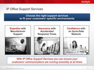 © 2011 Avaya Inc. All rights reserved. 27
IP Office Support Services
Confidence with
an Up-to-Date
Network
Expertise with
Manufacturer
Support
Assurance with
Accelerated
Response Times
With IP Office Support Services you can ensure your
customers’ communications are running smoothly at all times
Choose the right support services
to fit your customers’ specific environments
 