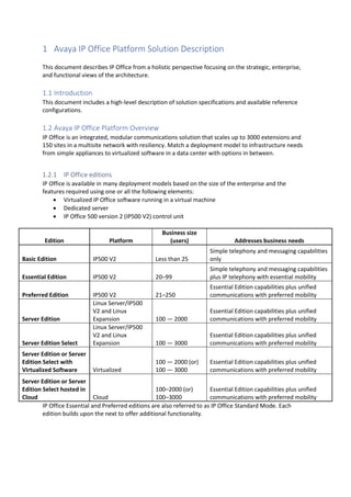 1 Avaya IP Office Platform Solution Description
This document describes IP Office from a holistic perspective focusing on the strategic, enterprise,
and functional views of the architecture.
1.1 Introduction
This document includes a high-level description of solution specifications and available reference
configurations.
1.2 Avaya IP Office Platform Overview
IP Office is an integrated, modular communications solution that scales up to 3000 extensions and
150 sites in a multisite network with resiliency. Match a deployment model to infrastructure needs
from simple appliances to virtualized software in a data center with options in between.
1.2.1 IP Office editions
IP Office is available in many deployment models based on the size of the enterprise and the
features required using one or all the following elements:
• Virtualized IP Office software running in a virtual machine
• Dedicated server
• IP Office 500 version 2 (IP500 V2) control unit
Edition Platform
Business size
(users) Addresses business needs
Basic Edition IP500 V2 Less than 25
Simple telephony and messaging capabilities
only
Essential Edition IP500 V2 20–99
Simple telephony and messaging capabilities
plus IP telephony with essential mobility
Preferred Edition IP500 V2 21–250
Essential Edition capabilities plus unified
communications with preferred mobility
Server Edition
Linux Server/IP500
V2 and Linux
Expansion 100 — 2000
Essential Edition capabilities plus unified
communications with preferred mobility
Server Edition Select
Linux Server/IP500
V2 and Linux
Expansion 100 — 3000
Essential Edition capabilities plus unified
communications with preferred mobility
Server Edition or Server
Edition Select with
Virtualized Software Virtualized
100 — 2000 (or)
100 — 3000
Essential Edition capabilities plus unified
communications with preferred mobility
Server Edition or Server
Edition Select hosted in
Cloud Cloud
100–2000 (or)
100–3000
Essential Edition capabilities plus unified
communications with preferred mobility
IP Office Essential and Preferred editions are also referred to as IP Office Standard Mode. Each
edition builds upon the next to offer additional functionality.
 