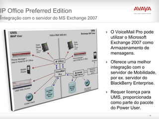 IP Office Preferred Edition
Integração com o servidor do MS Exchange 2007

                                                 O VoiceMail Pro pode
                                                  utilizar o Microsoft
                                                  Exchange 2007 como
                                                  Armazenamento de
                                                  mensagens.
                                                 Oferece uma melhor
                                                  integração com o
                                                  servidor de Mobilidade,
                                                  por ex. servidor do
                                                  BlackBerry Enterprise.
                                                 Requer licença para
                                                  UMS, proporcionada
                                                  como parte do pacote
                                                  do Power User.
                                                                     19
 