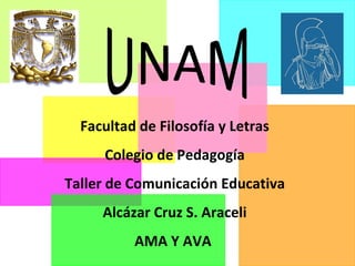 UNAM Facultad de Filosofía y Letras Colegio de Pedagogía Taller de Comunicación Educativa Alcázar Cruz S. Araceli AMA Y AVA  