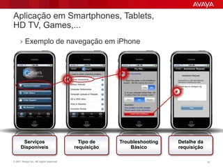Aplicação em Smartphones, Tablets,
HD TV, Games,...
    Exemplo de navegação em iPhone




       Serviços                            Tipo de    Troubleshooting   Detalhe da
      Disponíveis                        requisição       Básico        requisição

© 2011 Avaya Inc. All rights reserved.                                               75
 