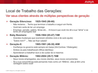 Local de Trabalho das Gerações:
Ver seus clientes através de múltiplas perspectivas de geração
 Geração Silenciosa:                    1925-1945 (86-66)
         – Não reclama... Tenho que terminar o trabalho e seguir em frente.
         – Você tem sorte de ter um emprego
         – Emprego, pensão, salário, férias etc... A troca é que você me dê a sua "alma" e se
           torne um empregado leal
 Baby Boomers:                          1946-1964 (65-47) 74M
         – Grandes mudanças que ocorreram (direitos civis e de auto-ajuda)
         – “Sobre mim?” ... Não sei ficar calado!
 Geração-X:                             1965-1981 (46-30) 46M
         – Confiança no governo está sempre em baixa (Irã-Contras / Watergate)
         – Ambos os pais trabalhavam (filhos latchkey)
         – Aprenderam a trabalhar duro e de cuidar de si mesmos
 Geração Milênio:                       1982-2004 (29-7) 76M
         – Seus novos empregados, seu novos clientes, seus novos concorrentes
         – Se a sua concorrência está pensando mais como um „Milênio‟, eles já têm uma
           vantagem sobre você!


© 2011 Avaya Inc. All rights reserved.                                                          6
 