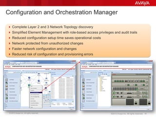 © 2013 Avaya Inc. All rights reserved. 45©2012 Avaya Inc. All rights reserved.
 Complete Layer 2 and 3 Network Topology discovery
 Simplified Element Management with role-based access privileges and audit trails
 Reduced configuration setup time saves operational costs
 Network protected from unauthorized changes
 Faster network configuration and changes
 Reduced risk of configuration and provisioning errors
Configuration and Orchestration Manager
 