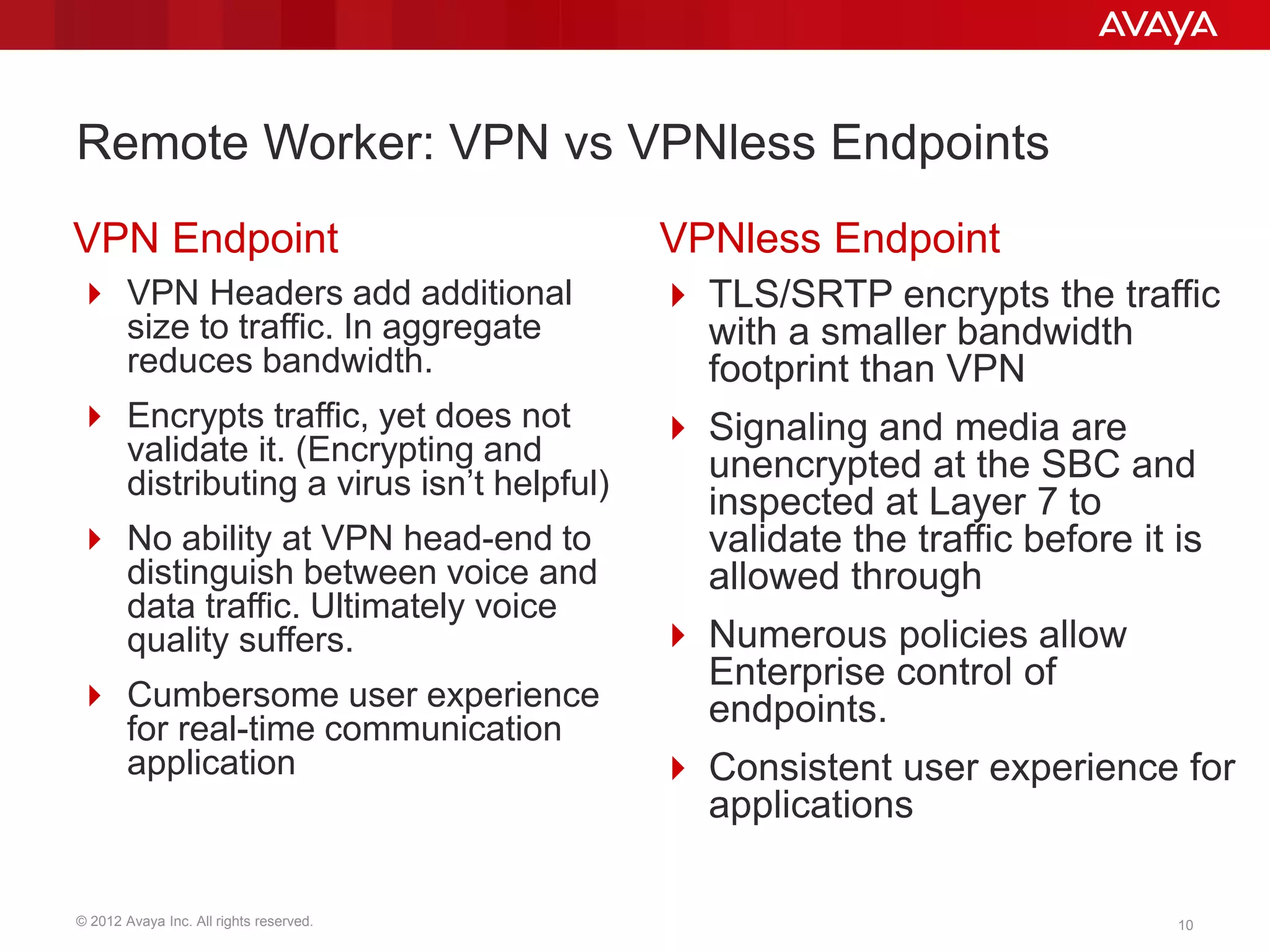 © 2012 Avaya Inc. All rights reserved. 10
Remote Worker: VPN vs VPNless Endpoints
VPN Endpoint
 VPN Headers add additional
size to traffic. In aggregate
reduces bandwidth.
 Encrypts traffic, yet does not
validate it. (Encrypting and
distributing a virus isn’t helpful)
 No ability at VPN head-end to
distinguish between voice and
data traffic. Ultimately voice
quality suffers.
 Cumbersome user experience
for real-time communication
application
VPNless Endpoint
 TLS/SRTP encrypts the traffic
with a smaller bandwidth
footprint than VPN
 Signaling and media are
unencrypted at the SBC and
inspected at Layer 7 to
validate the traffic before it is
allowed through
 Numerous policies allow
Enterprise control of
endpoints.
 Consistent user experience for
applications
 