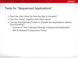 © 2011 Avaya Inc. All rights reserved.
Tests for “Sequenced Applications”
Does the User Have No Idea the App Is Invoked?
Can You “Gang” Together with Other Apps?
Can the Administrator Enable or Disable the Applications without
User Knowing?
–Answer of “Yes” Indicates Strongly a Sequenced Application
–SM IS Needed To Sequence These
10
 