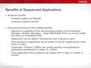 © 2011 Avaya Inc. All rights reserved.
Benefits of Sequenced Applications
 Business benefits
– Increased agility and flexibility
– Improved customer service
 Proof points (most provide multiple benefits)
– Requires no upgrades to the call processing system (Communication
Manager / Session Manager) – major differentiator from our current model
and what our competitors offer
– Applications can be added / licensed per user or group of users
– New versions of applications can be added on the fly; migrating part of the
users in a pilot
– Customers / Partners / OEM’s can quickly develop new applications;
Application development in weeks vs. months
– Once applications exist customer can deploy them in days vs. weeks or
months
13
 