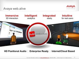 Avaya web.alive
Immersive
3D interaction
Intelligent
analytics
Integrated
easily
Intuitive
for real users
HD Positional Audio | Enterprise Ready | Internet/Cloud Based
13
For more information contact us at www.packetbase.com or 866.405.3992 - © 2010 Avaya Inc. All rights reserved.
 