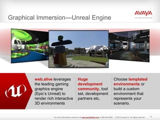 Graphical Immersion—Unreal Engine
15
web.alive leverages
the leading gaming
graphics engine
(Epic’s Unreal) to
render rich interactive
3D environments
Huge
development
community, tool
set, development
partners etc.
Choose templated
environments or
build a custom
environment that
represents your
scenario.
For more information contact us at www.packetbase.com or 866.405.3992 - © 2010 Avaya Inc. All rights reserved.
 