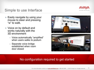 Simple to use Interface
 Easily navigate by using your
mouse to steer and pressing
“w” to walk.
 Voice on by default and
works naturally with the
3D environment
– Voice automatically “amplified”
when users walks to podium
– Separate voice bridge
established when room
door closed
23
No configuration required to get started
For more information contact us at www.packetbase.com or 866.405.3992 - © 2010 Avaya Inc. All rights reserved.
 