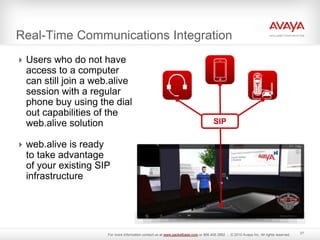 Real-Time Communications Integration
Users who do not have
access to a computer
can still join a web.alive
session with a regular
phone buy using the dial
out capabilities of the
web.alive solution
web.alive is ready
to take advantage
of your existing SIP
infrastructure
27
SIP
For more information contact us at www.packetbase.com or 866.405.3992 - © 2010 Avaya Inc. All rights reserved.
 