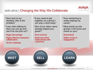 web.alive | Changing the Way We Collaborate
32
“I see John talking to
Amy can you go and
see if he can join us?”
SELL
MEET LEARN
“Here look at my
desktop, this is the
problem”
“One of our other users
already helped you,
great?”
“If you need to get
together as a group I
am only a click away”
“Okay break up into
groups I will come and
check on you”
“Your mentoring is
really helping my
career”
SELL
MEET LEARN
Huge cost savings
Highly effective enterprise
collaboration
Ad hoc meetings
Drive revenue
Build real online
relationships with
customers
Economical
Higher levels of
engagement
For more information contact us at www.packetbase.com or 866.405.3992 - © 2010 Avaya Inc. All rights reserved.
 