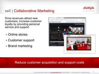 sell | Collaborative Marketing
Drive revenues attract new
customers, increase customer
loyalty by providing personal
service and support
Online stores
Customer support
Brand marketing
Reduce customer acquisition and support costs
9
For more information contact us at www.packetbase.com or 866.405.3992 - © 2010 Avaya Inc. All rights reserved.
 