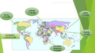 prevalencia
EE.UU
1/12.000
TAIWÁN
1/5.600
EUROPA
1/18.000
POLINESIA
FRANCESA
3/10.000
JAPÓN
1/10.000
OCCIDENTE
1,5-0,8/10.000
 