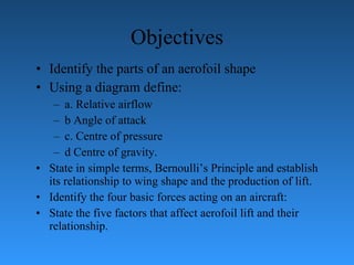 Objectives Identify the parts of an aerofoil shape Using a diagram define: a. Relative airflow b Angle of attack c. Centre of pressure d Centre of gravity. State in simple terms, Bernoulli’s Principle and establish its relationship t o  wing shape and the production of lift. Identify the four basic forces acting on an aircraft: State the five factors that affect aerofoil lift and their relationship. 