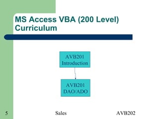Sales AVB2025
MS Access VBA (200 Level)
Curriculum
AVB201
Introduction
AVB201
DAO/ADO
 