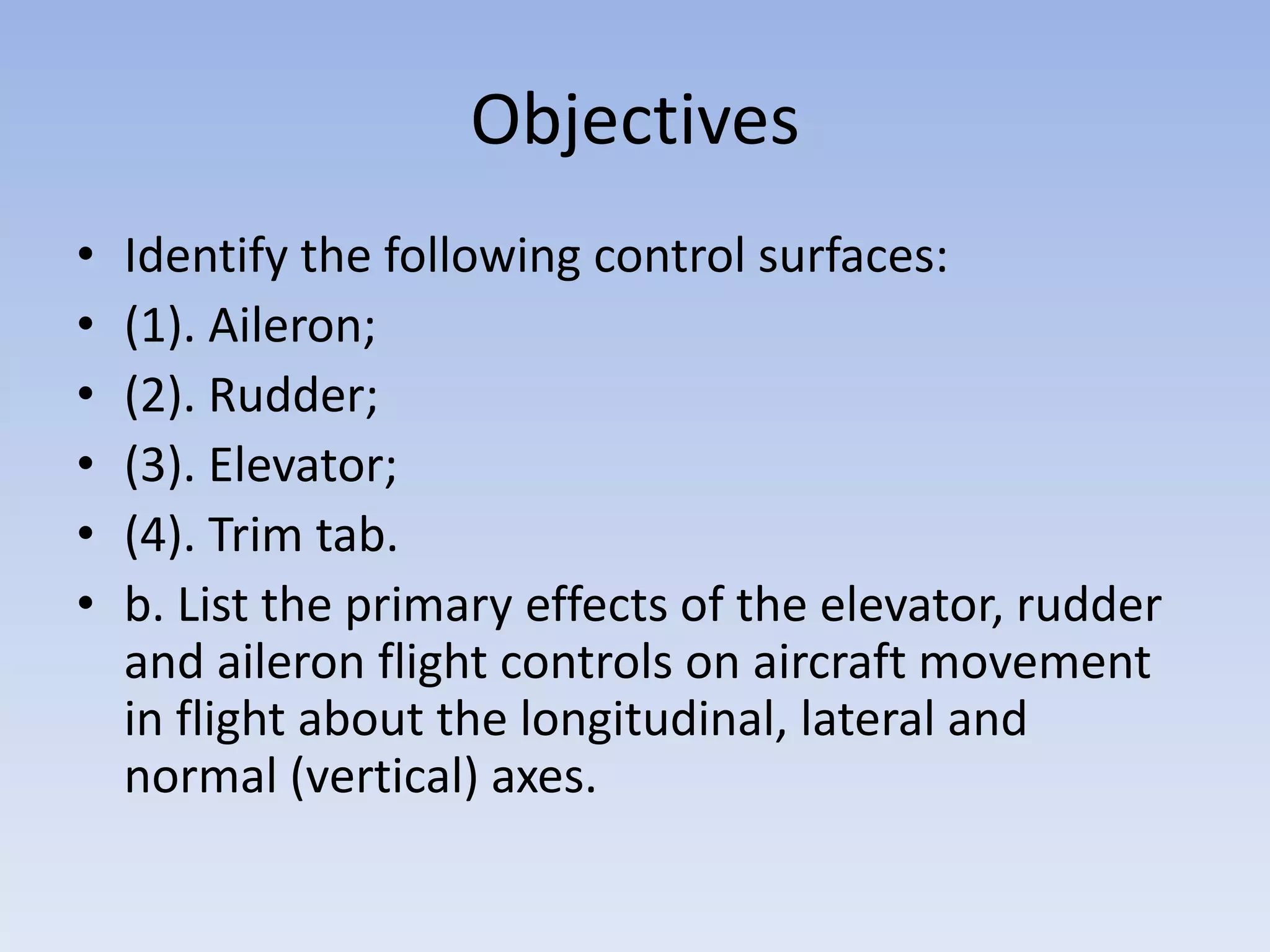 ObjectivesIdentify the following control surfaces:(1). Aileron;(2). Rudder;(3). Elevator;(4). Trim tab.b. List the primary effects of the elevator, rudder and aileron flight controls on aircraft movement in flight about the longitudinal, lateral and normal (vertical) axes.