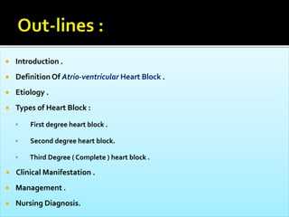  Introduction .
 Definition Of Atrio-ventricular Heart Block .
 Etiology .
 Types of Heart Block :
 First degree heart block .
 Second degree heart block.
 Third Degree ( Complete ) heart block .
 Clinical Manifestation .
 Management .
 Nursing Diagnosis.
 