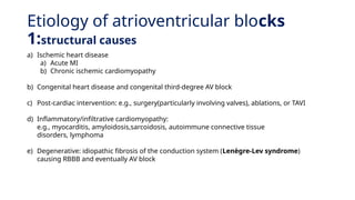 Etiology of atrioventricular blocks
1:structural causes
a) Ischemic heart disease
a) Acute MI
b) Chronic ischemic cardiomyopathy
b) Congenital heart disease and congenital third-degree AV block
c) Post-cardiac intervention: e.g., surgery(particularly involving valves), ablations, or TAVI
d) Inflammatory/infiltrative cardiomyopathy:
e.g., myocarditis, amyloidosis,sarcoidosis, autoimmune connective tissue
disorders, lymphoma
e) Degenerative: idiopathic fibrosis of the conduction system (Lenègre-Lev syndrome)
causing RBBB and eventually AV block
 