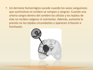  Un derrame hemorrágico sucede cuando los vasos sanguíneos
  que suministran el cerebro se rompen y sangran. Cuando una
  arteria sangra dentro del cerebro las células y los tejidos de
  éste no reciben oxígeno ni nutrientes. Además, aumenta la
  presión en los tejidos circundantes y aparecen irritación e
  hinchazón.
 