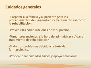 Cuidados generales

  -Preparar a la familia y al paciente para los
 procedimientos de diagnósticos y tratamiento así como
 la rehabilitación
 -Prevenir las complicaciones de la supresión.
 -Tomar precauciones a la hora de administrar y / dar el
 tratamiento de rehabilitación
 -Tratar los problemas debido a la toxicidad
 farmacológica.
 -Proporcionar cuidados físicos y apoyo emocional.
 