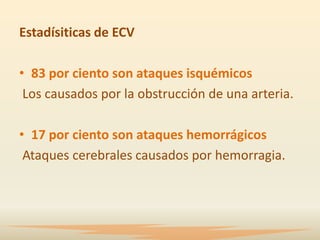 Estadísiticas de ECV

• 83 por ciento son ataques isquémicos
 Los causados por la obstrucción de una arteria.

• 17 por ciento son ataques hemorrágicos
 Ataques cerebrales causados por hemorragia.
 