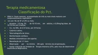 Terapia medicamentosa
Classificação do Pct.
 GRAU 4- Sinais menores, acompanhados de três ou mais sinais maiores com
comprometimento respiratório.
 LG com 10L de SF a 0,9% ou mais;
 - Atropina - 2,0 mg, EV, de 10/10 min, em adultos, e 0,05mg/kg/dose, de
10/10 min,em crianças;
 - CA, via SNG, de 6/6 horas, por 24 horas;
 - Catártico salino;
 - Telerradiografia de tórax;
 - Monitorização cardíaca;
 - Medidas sintomáticas e de suporte;
 - Reavaliação de 1/1 hora
 - Observação por no mínimo 24h após término da atropinização.
 - Avaliar indicação de Unidade de Terapia Intensiva (UTI), pelo risco de desenvolver
Insuficiência Respiratória.
 