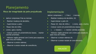 Planejamento
Risco de integridade da pele prejudicada
 Aplicar compressas frias ou mornas;
 - Realizar mudança de decúbito;
 - Supervisionar a pele;
 Passar óleo de milho
 creme, após o banho;
 - Colocar coxins em proeminências ósseas; manter
colchão piramidal;
 - Hidratar região perianal com Creme para assaduras
após troca de fraldas;
 - Observar e anotar edemas;
 - Observar e anotar estado de consciência;
Implementação
Aplicar compressas ( ) frias ( ) mornas;
 - Realizar mudança de decúbito; (X)
 - Supervisionar a pele (X)
 - Passar (X) óleo de milho ( ) creme, após o banho;
 - Colocar coxins em proeminências ósseas;
 - ( ) Instalar ( ) manter colchão piramidal;
 - Hidratar região perianal com creme para assaduras
após troca de fraldas;
 - Observar e anotar edemas (X)
 - Observar e anotar estado de consciência(X)
AVALIAÇÂO
 
