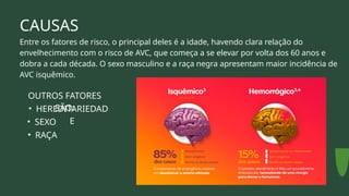 CAUSAS
Entre os fatores de risco, o principal deles é a idade, havendo clara relação do
envelhecimento com o risco de AVC, que começa a se elevar por volta dos 60 anos e
dobra a cada década. O sexo masculino e a raça negra apresentam maior incidência de
AVC isquêmico.
OUTROS FATORES
SÃO:
• HEREDITARIEDAD
E
• SEXO
• RAÇA
 