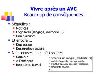 Vivre après un AVC
             Beaucoup de conséquences
   Séquelles :
       Motrices
       Cognitives (langage, mémoire,…)
       Douloureuses
   Et encore …
       Dépression
       Désinsertion sociale
   Nombreuses aides nécessaires
       Domicile                  médecins (neurologues, rééducateurs)
       A l’extérieur             kinésithérapeute, orthophoniste
       Reprise au travail        ergothérapeute, neuropsychologue
                                  assistante sociale
                                  …
 