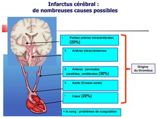 Infarctus cérébral :
de nombreuses causes possibles




          •        Petites artères intracérébrales
                   (20%)

              1.    Artères intracrâniennes




                                                       Origine
              1.   Artères cervicales                du thrombus
               carotides, vertébrales (30%)

              1.    Aorte (Crosse aorte)



              •     Cœur (20%)



              + le sang : problèmes de coagulation
 