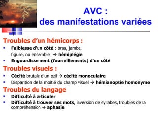 AVC :
                  des manifestations variées

Troubles d’un hémicorps :
   Faiblesse d'un côté : bras, jambe,
    figure, ou ensemble  hémiplégie
   Engourdissement (fourmillements) d'un côté
Troubles visuels :
   Cécité brutale d'un œil  cécité monoculaire
   Disparition de la moitié du champ visuel  hémianopsie homonyme
Troubles du langage
   Difficulté à articuler
   Difficulté à trouver ses mots, inversion de syllabes, troubles de la
    compréhension  aphasie
 