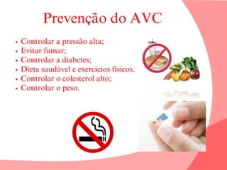 Prevenção do AVC
Controlar a pressão alta;
Evitar fumar;
Controlar a diabetes;
Dieta saudável e exercícios físicos.
Controlar o colesterol alto;
Controlar o peso.
 