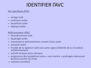 IDENTIFIER l’AVC
Peu spécifique d’AVC :

–   vertige isolé
–   confusion isolée
–   dysarthrie isolée
–   diplopie isolée
...