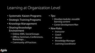 Learning at Organization Level
• Systematic Kaizen Programs
• Strategic Training Programs
• Knowlege Management
• Sharing Knowledge
Environment
• Online: KMS, Social Groups
• Offline: Seminars, Conferences,
Workshops…
• Community of Practices
• Tips:
• Developmodular,reusable
learning content
• CareerDevelopmentPlan
• New Roles
• Instructor
• Coach
• Mentor
• Knowledge Manager
• LearningCoordinator
 