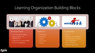 Learning Organization Building Blocks
Environment
• Psychological safety
• Appreciation of
differences
• Openness to new ideas
• Time for reflection
Platform
• Processes
• Practices
• Policy
• Structure
• Tools
Leadership
• Vision
• Dialogue and debate
• Learning and mastery
encouragement
• Commitment
• Leaders learn first
 