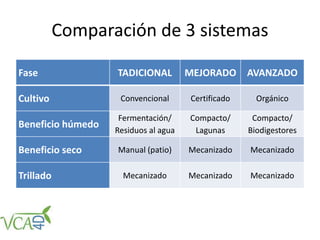 Comparación de 3 sistemas
Fase TADICIONAL MEJORADO AVANZADO
Cultivo Convencional Certificado Orgánico
Beneficio húmedo
Fermentación/
Residuos al agua
Compacto/
Lagunas
Compacto/
Biodigestores
Beneficio seco Manual (patio) Mecanizado Mecanizado
Trillado Mecanizado Mecanizado Mecanizado
 