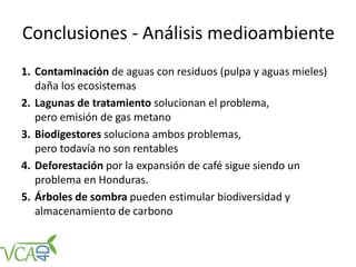 Conclusiones - Análisis medioambiente
1. Contaminación de aguas con residuos (pulpa y aguas mieles)
daña los ecosistemas
2. Lagunas de tratamiento solucionan el problema,
pero emisión de gas metano
3. Biodigestores soluciona ambos problemas,
pero todavía no son rentables
4. Deforestación por la expansión de café sigue siendo un
problema en Honduras.
5. Árboles de sombra pueden estimular biodiversidad y
almacenamiento de carbono
 