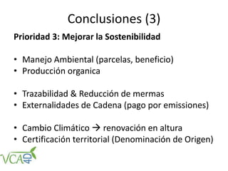 Conclusiones (3)
Prioridad 3: Mejorar la Sostenibilidad
• Manejo Ambiental (parcelas, beneficio)
• Producción organica
• Trazabilidad & Reducción de mermas
• Externalidades de Cadena (pago por emissiones)
• Cambio Climático  renovación en altura
• Certificación territorial (Denominación de Origen)
 