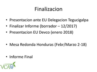 Finalizacion
• Presentacion ante EU Delegacion Tegucigalpa
• Finalizar Informe (borrador – 12/2017)
• Presentacion EU Devco (enero 2018)
• Mesa Redonda Honduras (Febr/Marzo 2-18)
• Informe Final
 
