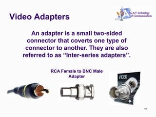 Video Adapters
19
An adapter is a small two-sided
connector that coverts one type of
connector to another. They are also
referred to as “Inter-series adapters”.
RCA Female to BNC Male
Adapter
19
 