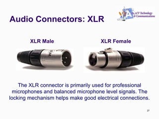 Audio Connectors: XLR
27
The XLR connector is primarily used for professional
microphones and balanced microphone level signals. The
locking mechanism helps make good electrical connections.
XLR Male XLR Female
27
 