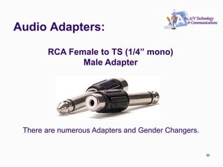 Audio Adapters:
30
RCA Female to TS (1/4” mono)
Male Adapter
There are numerous Adapters and Gender Changers.
30
 
