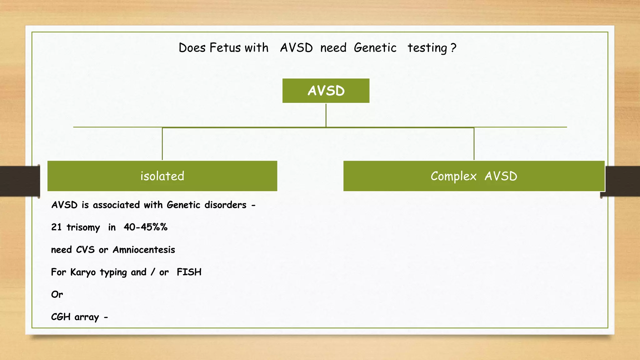 AVSD
isolated Complex AVSD
Does Fetus with AVSD need Genetic testing ?
AVSD is associated with Genetic disorders -
21 trisomy in 40-45%%
need CVS or Amniocentesis
For Karyo typing and / or FISH
Or
CGH array -
 