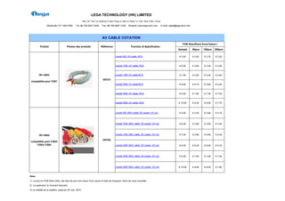LEGA TECHNOLOGY (HK) LIMITED
                                                        Add: 3/F, Port 1st, Buiding D, Bian Fang Ju, Mei Lin Road, Fu Tian, Shen Zhen, China

                 Mobile:86-137 1460 3462       Tel: 86-755-8301 6440         Fax: 86-755-8281 9162       Website: www.lega-tech.com            E-mail: sales@lega-tech.com




                                                                             AV CABLE COTATION
                                                                                                                                                                  FOB ShenZhen( Euro/1piece )
          Produit                     Photos des produits                  Référence                        Fonction & Spécification
                                                                                                                                                              Sample         50pcs    100pcs   200pcs

                                                                                           Length 5M, AV cable, RCA                                            € 5.00        € 3.00   € 2.70   € 2.50


                                                                                           Length 10M, AV cable, RCA                                           € 6.00        € 3.60   € 3.30   € 3.00


         AV câble                                                                          Length 15M, AV cable,RCA                                            € 7.00        € 4.60   € 4.30   € 4.00
                                                                              AVC01
 compatible pour CS01
                                                                                           Length 20M, AV cable,RCA                                            € 8.00        € 6.10   € 5.80   € 5.50


                                                                                           Length 30M, AV cable, RCA                                           € 9.00        € 7.60   € 7.30   € 7.00


                                                                                           Length 50M, AV cable, RCA                                           € 10.00       € 8.30   € 8.00   € 7.70



                                                                                           Length 5M, BNC cable, DC power, AV out                              € 5.00        € 3.20   € 2.90   € 2.70



                                                                                           Length 10M, BNC cable, DC power, AV out                             € 6.00        € 3.80   € 3.50   € 3.20




         AV câble                                                                          Length 15M, BNC cable, DC power, AV out                             € 7.00        € 4.80   € 4.50   € 4.20

                                                                              AVC02
compatible pour CS02/
    CS03/ CS04                                                                             Length 20M, BNC cable, DC power, AV out                             € 8.00        € 6.30   € 6.00   € 5.70



                                                                                           Length 30M, BNC cable, DC power, AV out                             € 9.00        € 7.80   € 7.50   € 7.20



                                                                                           Length 50M, BNC cable, DC power, AV out                             € 10.00       € 8.50   € 8.20   € 7.90



Note:
1/. Le prix en FOB Shen Zhen, les frais de port non inclus; Pour savoir le frais de transport, merci de nous consulter.

2/. Le paiement: le virement bancaire
3/.La validité de la cotation: jusqu'au 30 Juin, 2010
 