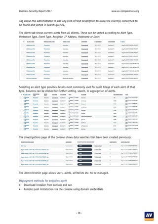 Business Security Report 2017 www.av-comparatives.org
- 38 -
Tag allows the administrator to add any kind of text description to allow the client(s) concerned to
be found and sorted in search queries.
The Alerts tab shows current alerts from all clients. These can be sorted according to Alert Type,
Protection Type, Event Type, Assignee, IP Address, Hostname or Date:
Selecting an alert type provides details most commonly used for rapid triage of each alert of that
type. Columns can be clicked for further sorting, search, or aggregation of alerts.
The Investigations page of the console shows data searches that have been created previously:
The Administration page allows users, alerts, whitelists etc. to be managed.
Deployment methods for endpoint agent
• Download installer from console and run
• Remote push installation via the console using domain credentials
 