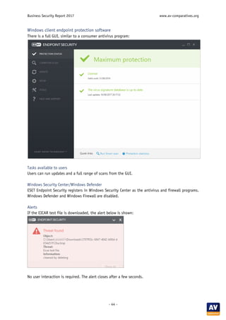 Business Security Report 2017 www.av-comparatives.org
- 44 -
Windows client endpoint protection software
There is a full GUI, similar to a consumer antivirus program:
Tasks available to users
Users can run updates and a full range of scans from the GUI.
Windows Security Center/Windows Defender
ESET Endpoint Security registers in Windows Security Center as the antivirus and firewall programs.
Windows Defender and Windows Firewall are disabled.
Alerts
If the EICAR test file is downloaded, the alert below is shown:
No user interaction is required. The alert closes after a few seconds.
 