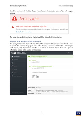 Business Security Report 2017 www.av-comparatives.org
- 45 -
If real-time protection is disabled, the alert below is shown in the status section of the main program
window:
The protection can be instantly reactivated by clicking Enable Real-time protection.
Windows Server endpoint protection software
This is very similar to the client software,although there are some differences on account of its server-
based role. For example, the program relies on the Windows Server Firewall rather than installing the
ESET firewall, and the interface includes an additional menu item for log files and a product
information section at the bottom of the window.
 