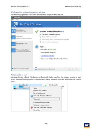 Business Security Report 2017 www.av-comparatives.org
- 49 -
Windows client endpoint protection software
The Antivirus page of the FortiClient console shows endpoint status details:
Tasks available to users
Users can initiate a Quick, Full, Custom, or Removable Media scan from the program window, or scan
drives, folders or files by right-clicking them and clicking Scan with FortiClient AntiVirus in the context
menu:
 