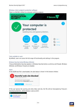 Business Security Report 2017 www.av-comparatives.org
- 54 -
Windows client endpoint protection software
There is a full GUI, similar to a consumer antivirus program:
Tasks available to users
By default, users can access the full range of functionality and settings in the program.
Windows Security Center/Windows Defender
F-Secure Workstation Security registers in Windows Security Center as antivirus and firewall. Windows
Defender and Windows Firewall are disabled.
Alerts
If the EICAR test file is downloaded, the alert below is shown in the browser window:
If the user ignores the warning and clicks Allow web site, the file will be intercepted by F-Secure’s
download protection, which displays a pop-up alert:
 